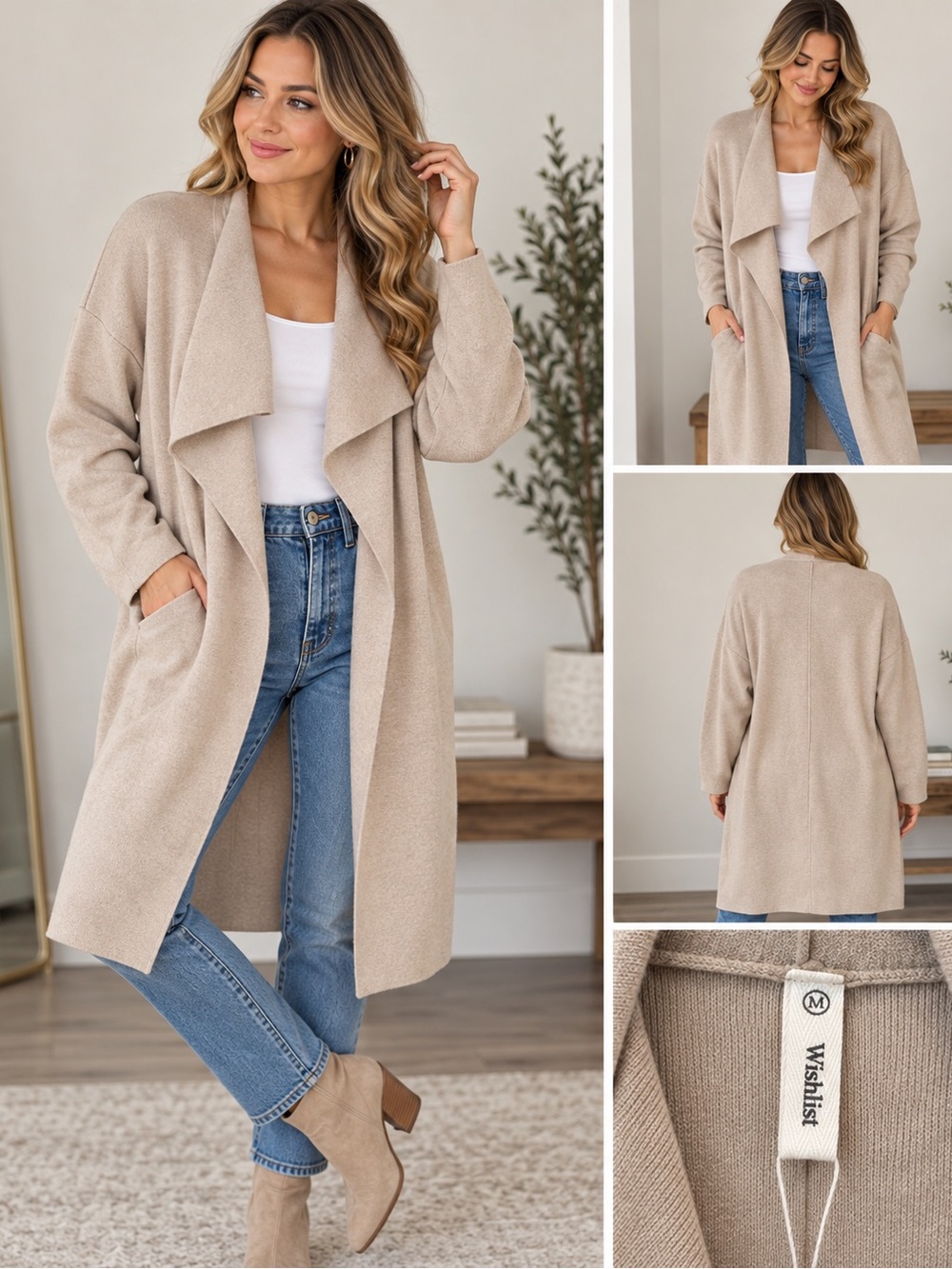 Wishlist Beige Drape Front Longline Sweater Coat Cardigan Medium NWT